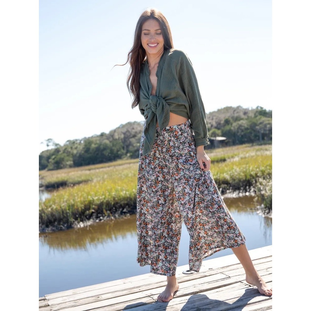 Natural Life Floral Wide Leg Smocked Waist Palazzo Pants L/XL Multicolor Boho